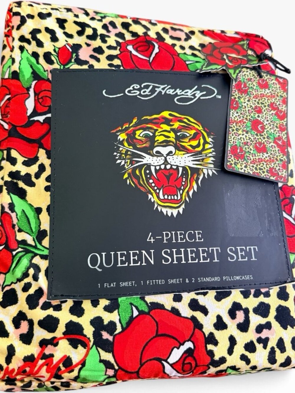 ED HARDY LEOPARD & ROSES Animal PRINT 4 PIECE QUEEN SHEET SET NEW
